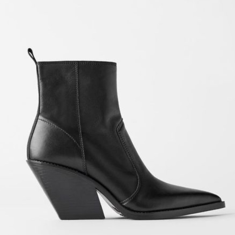 *NEW* ZARA CALF LEATHER COWBOY ANKLE BOOT 37 - Picture 1 of 10